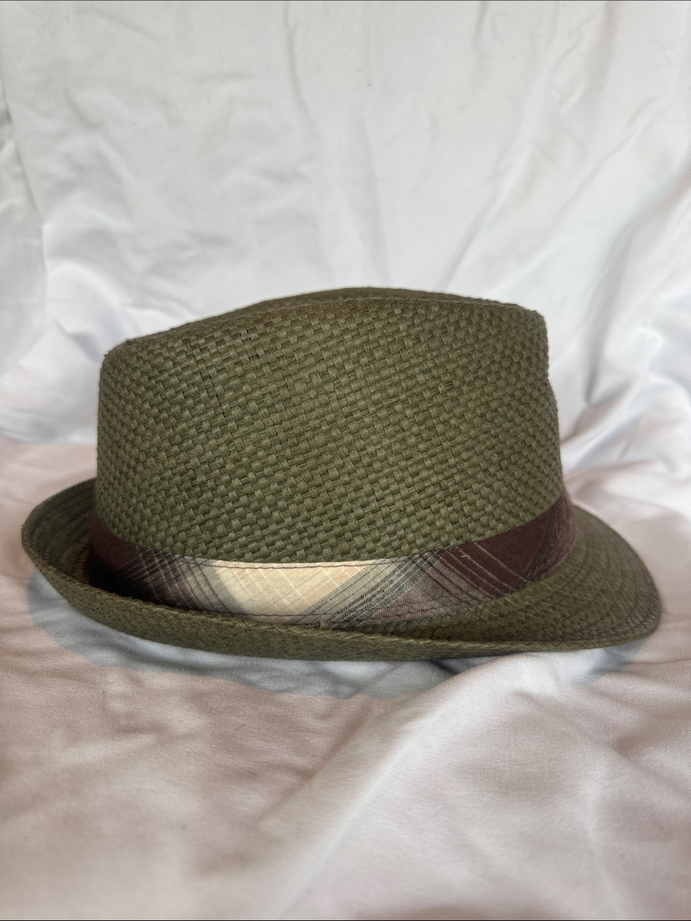 Olive Green Woven Fedora with Plaid Band